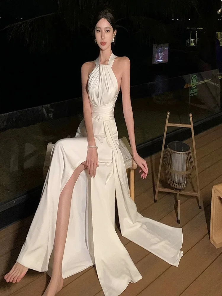Vestido sexy maxi de chiffon con cuello halter y espalda baja Atardecer