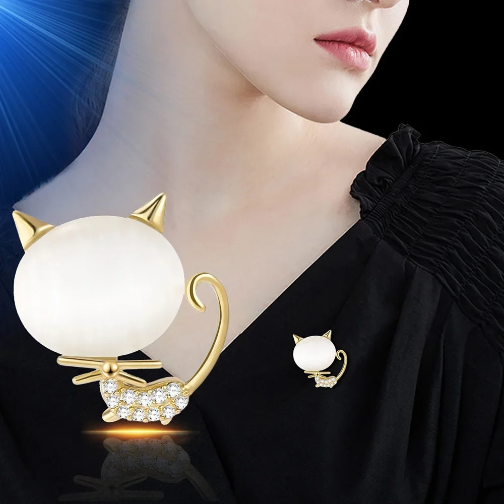 

Cute Cat Brooches Opal Brooch Pin Crystal Lapel Pins Collar Button Party Dress Suit for Women Girls Metal Safety Buckle Jewelry