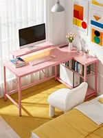 NOST&HOST Pink L Shaped Gaming Desk LED Power Outlets,42" Corner Computer Desk Reversible Shelves Hooks Home Office Bedroom Desk 3