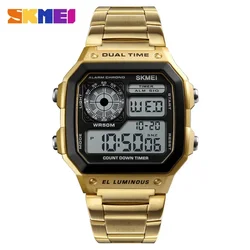 Retro Sports Waterproof Digital Men's Wristwatch with Stainless Steel Band (Gold)