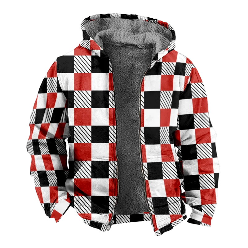 New Colorful Plaid Cotton Coat Hooded Sweater Casual Printed Men's Fur Loop Arctic Velvet Zipper Patch Pocket Hooded Sweater a04