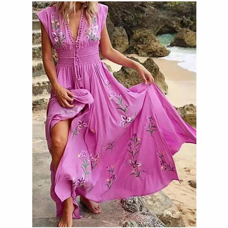 

Women Summer Floral Print Bohemian Dress Casual Fashion Sleeveless V Neck High Waist Vacation Beach Long Maxi Dress Y2K Clothes