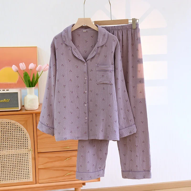 

Хлопковая пижама фиолетового цвета, женская одежда с принтом вишни, длинный пижамный комплект для весны, лета и осени, женская пижама