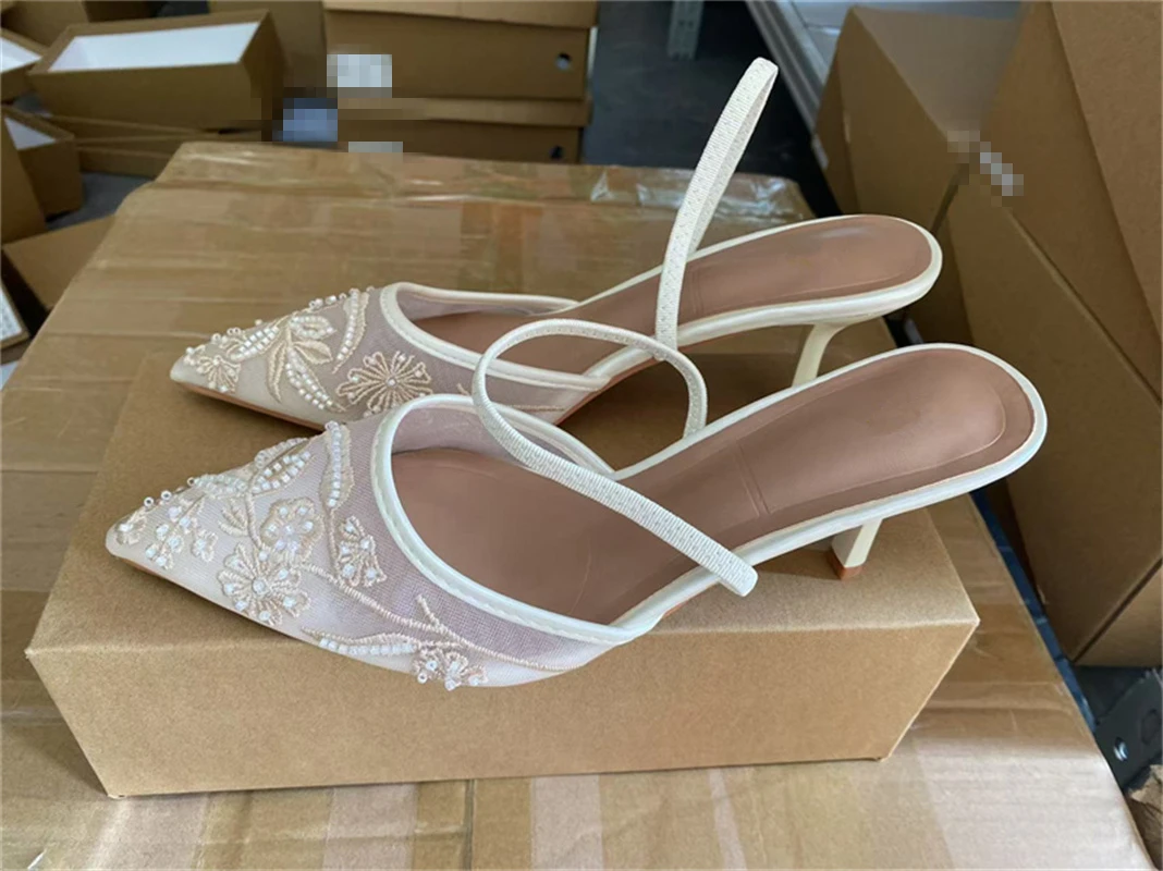 Women's Mesh Floral Embroidered Slingback High Heels Female Open Heel Pearl Studded Pointed Toe Sandals Sexy Stiletto Lady Mules 2