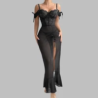 Ladies V Neck Sleepwear Set with Spaghetti Straps Lace Up Front and Sheer Mesh Fabric with Slit Includes Nightdress and Panties - Image 3