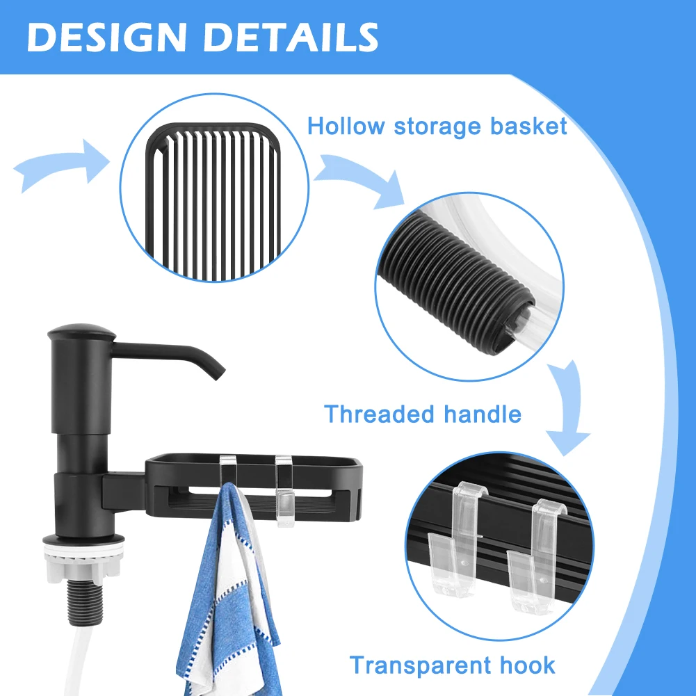 Liquid Countertop ABS Storage Basket Black Pump Head Soap Dispenser Built In Leak Proof With Extension Tube For Kitchen Sink