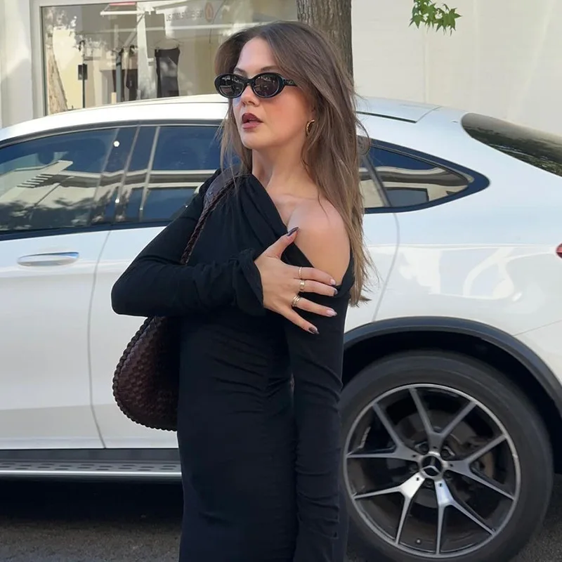 White Skew Collar Long Sleeve Maxi Dress For Women Autumn Winter New Bodycon Elegant Party Dress Female High Waist