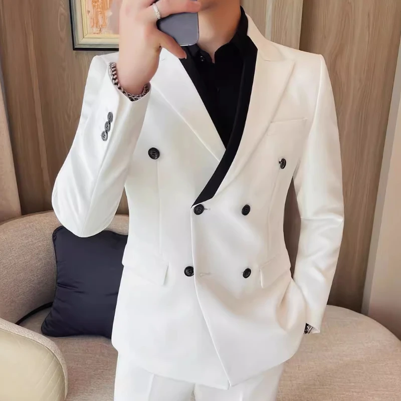 British Style Double Breasted Formal Suit Jacket Men High Quality Slim Casual Business Blazers Wedding Banquet Party Coats