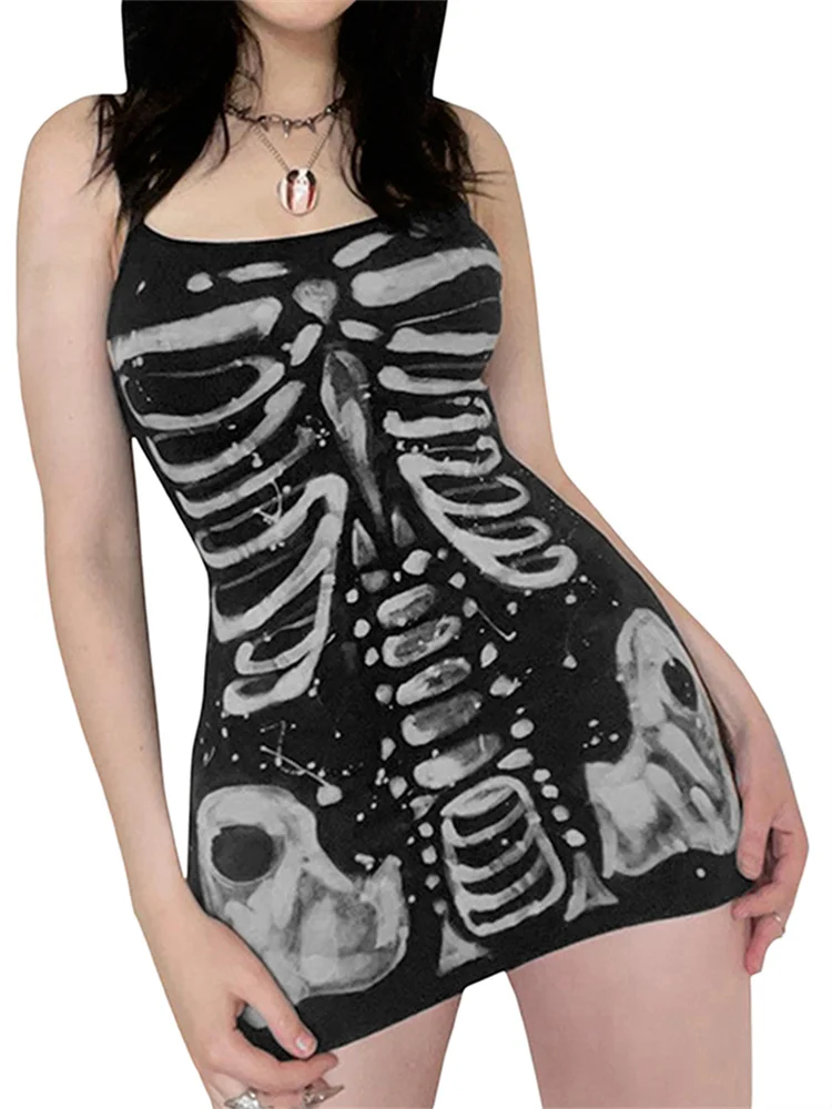 Damen-Sling-Kleid mit Totenkopf-Grafik, Spaghettiträger, ärmellos, figurbetont, Minikleid, Party, Halloween, Gothic, Y2K-Kleider