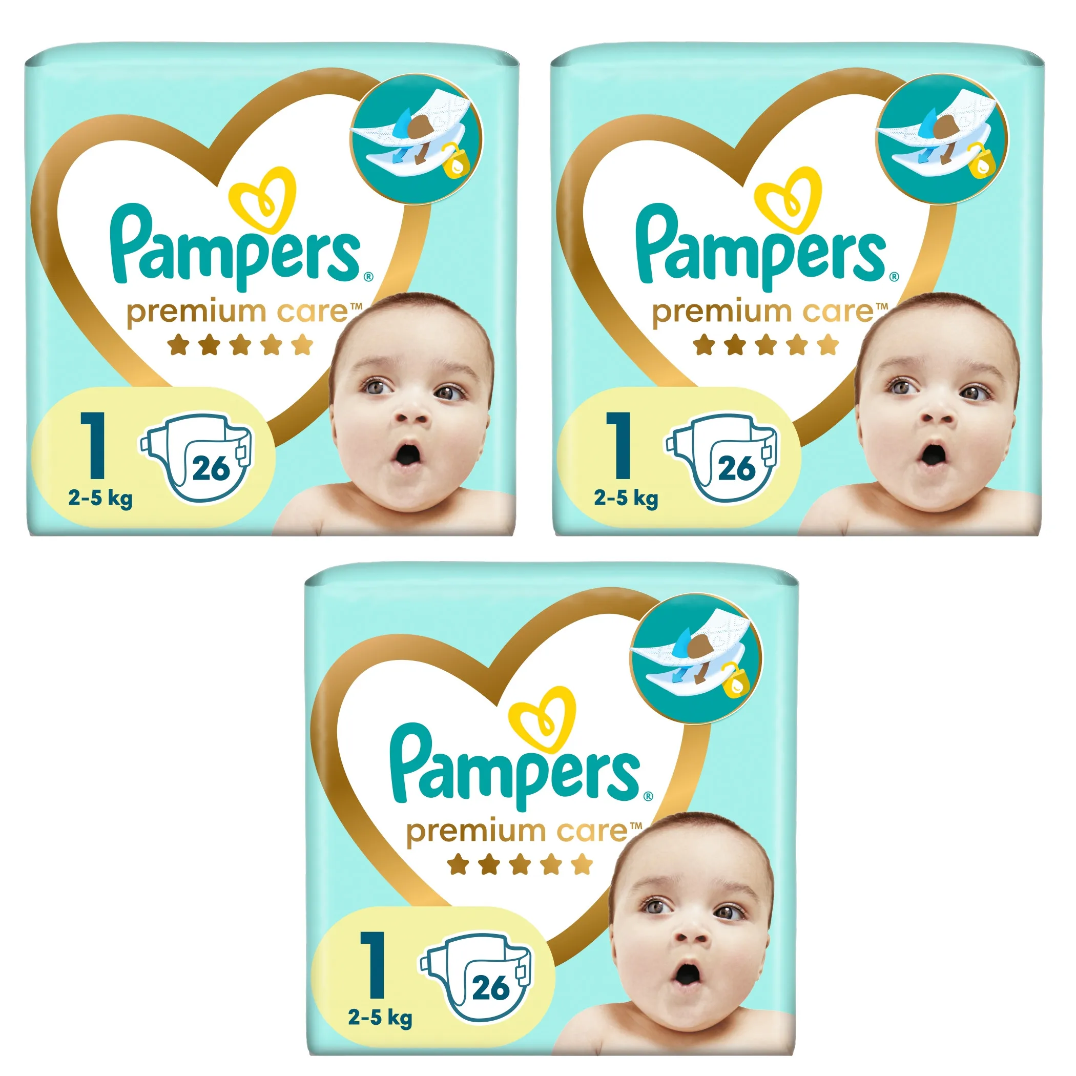 3x Pieluchy PAMPERS Premium Care roz 1 (2-5 kg) 26 szt z Polski za $14.81 / ~56zł