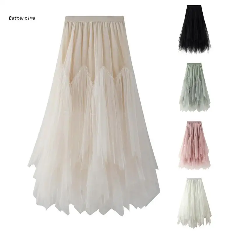 

Women Layered Tulle Midi Skirt Formal High Low Ruffle Mesh A-Line Tutu Skirts