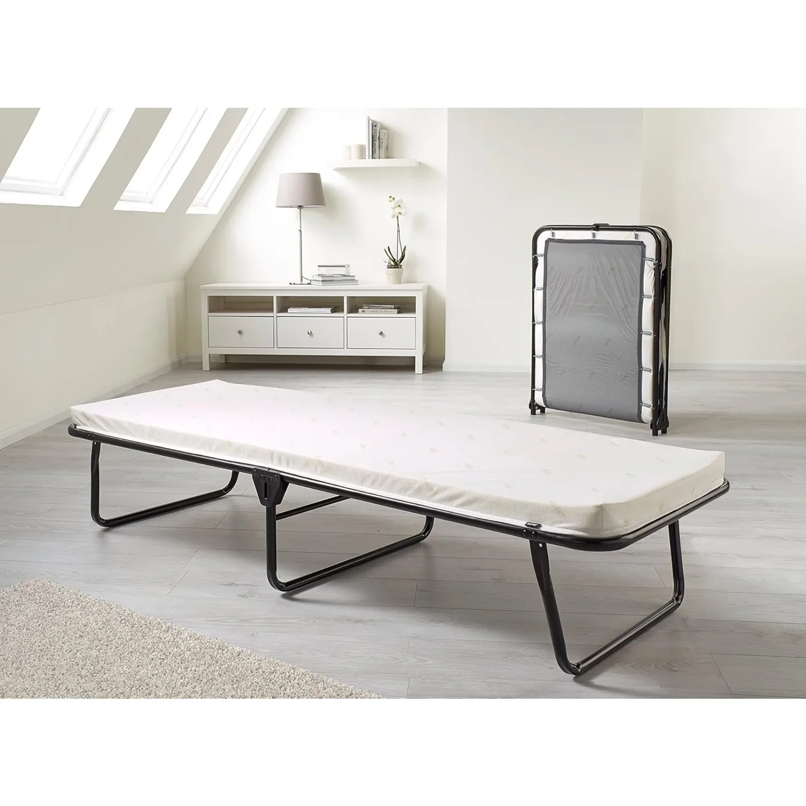 US Folding Cot Bed with Rebound e-Fibre Mattress, Lightweight,Black/White，Portable Rollaway Bed