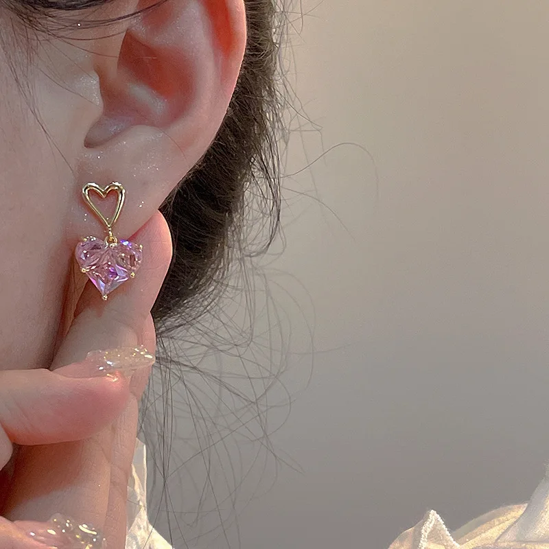 Jewelry Sets Women Earrings Chain Necklace 3pcs Y2k Heart-shaped Zircon Pendant Earrings Necklaces Set
