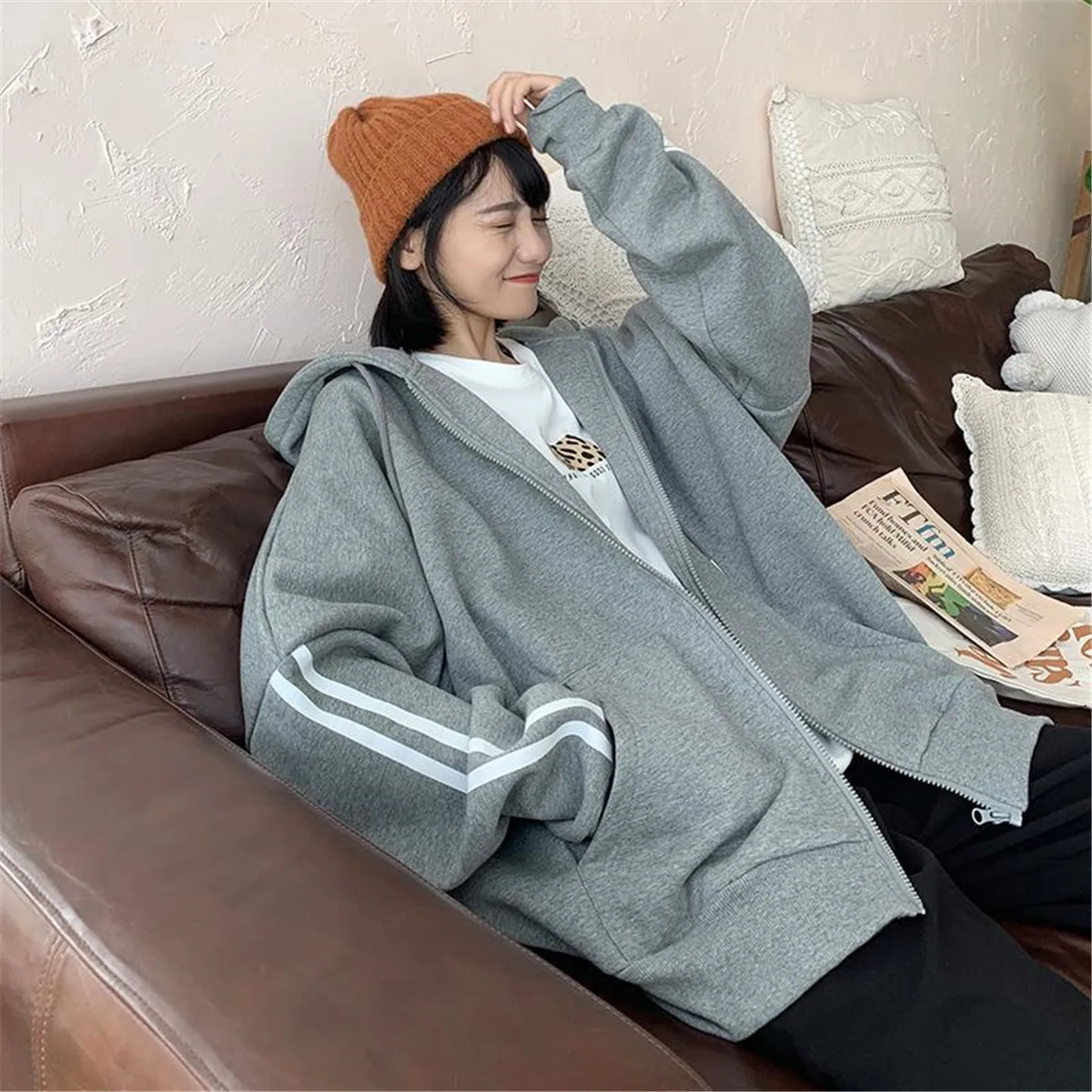 

Толстовка женская оверсайз в стиле хип-хоп, модная уличная одежда в полоску, Осенний Топ для девушек, крутая верхняя одежда в стиле Харадзюку, серая худи