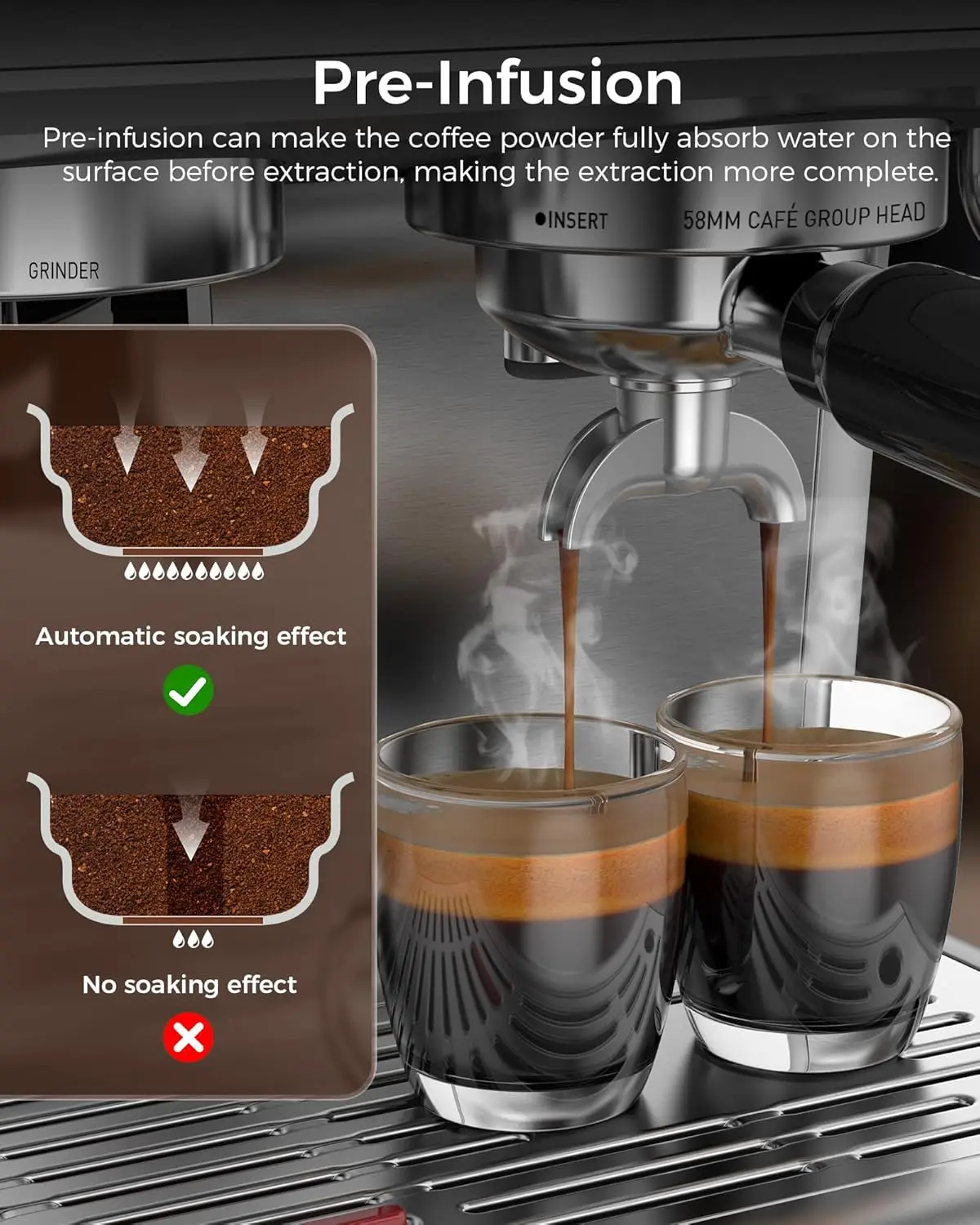 Espresso Machine 15 Bar, Semi-Automatic Espresso Maker with Bean Grinder and Milk Frother Steam Wand 3