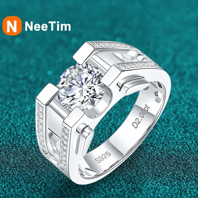 1ct 2ct Moissanite Ring For Men 925 Sterling Silver with White Gold Plated Rings