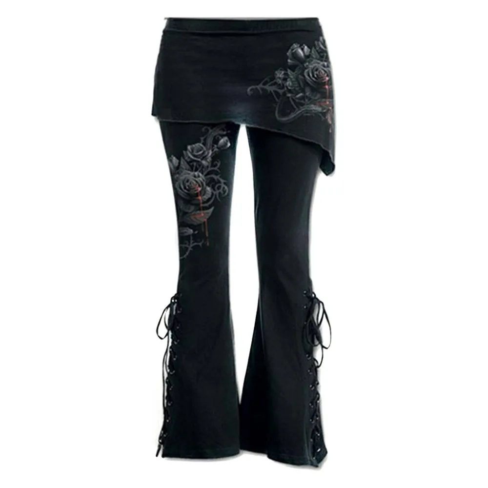 Wide Leg Jeans Women Lace Leggings Casual Embroidered Bottom Black Punk Bandage Flares Up Bell Pants Wide Leg Jeans Flared Pants