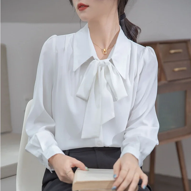 Elegant Office Chiffon Shirts Women 2024 Autumn Winter Long Sleeve