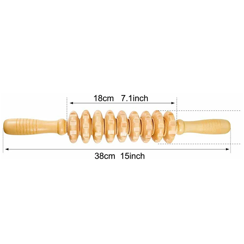 Curved 12-Wheel Wood Therapy Roller Stick for Lymphatic Drainage and Massage