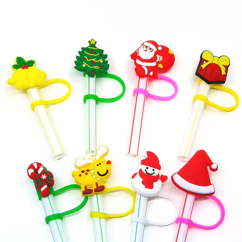 

Reusable Christmas Straw Cover Silicone Tips Drinking Dust Cap Santa Snowman Straw Stopper Party Straw Decoration