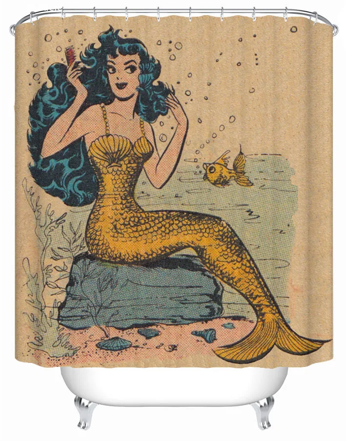 

Ретро Русалка Подводный мир Декоративная занавеска для душа, водонепроницаемый Декор ванной комнаты