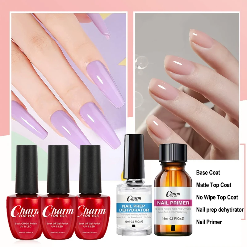 5pcs Natural Nail Prep Dehydrator and Nail Acid-Free Primer Set with Base Coat &Top Coat Soak Off Gel Art Top Gel