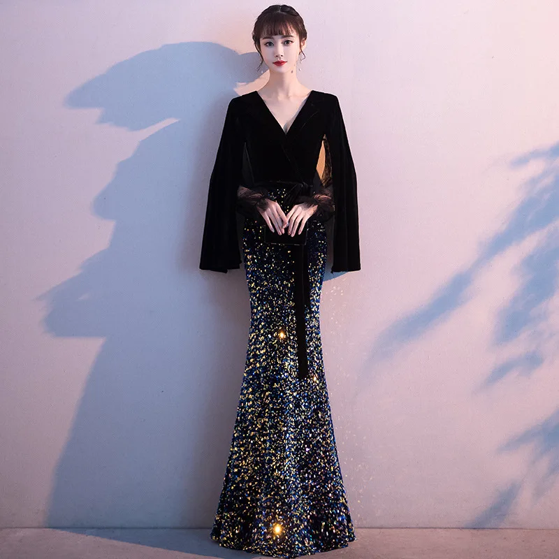 

Retro Women Evening Dress Elegant Sexy V-Neck Sequins Mermaid Gowns 2022 Simple Patchwork Slim Banquet Dresses