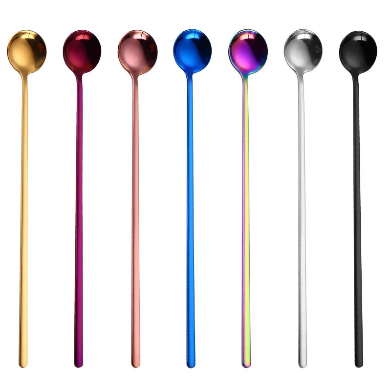 Rainbow Color Coffee Tea Stir Spoon Long Handle Ice Cream Dessert Spoons Eco-Friendly Stainless Steel Tableware Kitchen Supplies