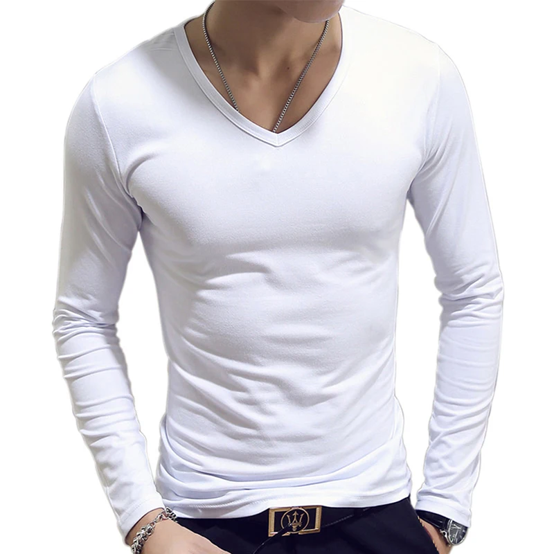 

White Solid Color Basic Slim Men T-shirt Spring Autumn Bottoming Shirt Men Round Neck V-neck Casual Tops Long-sleeve Shirts