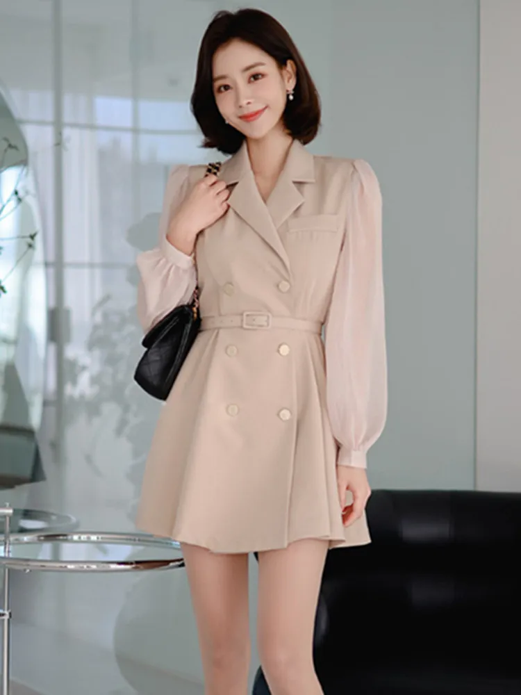 Spring Korean Elegant A-Line Dress Fashion Suit Collar Double Breasted Women Simple Business Casual Dresses Party Vestidos 