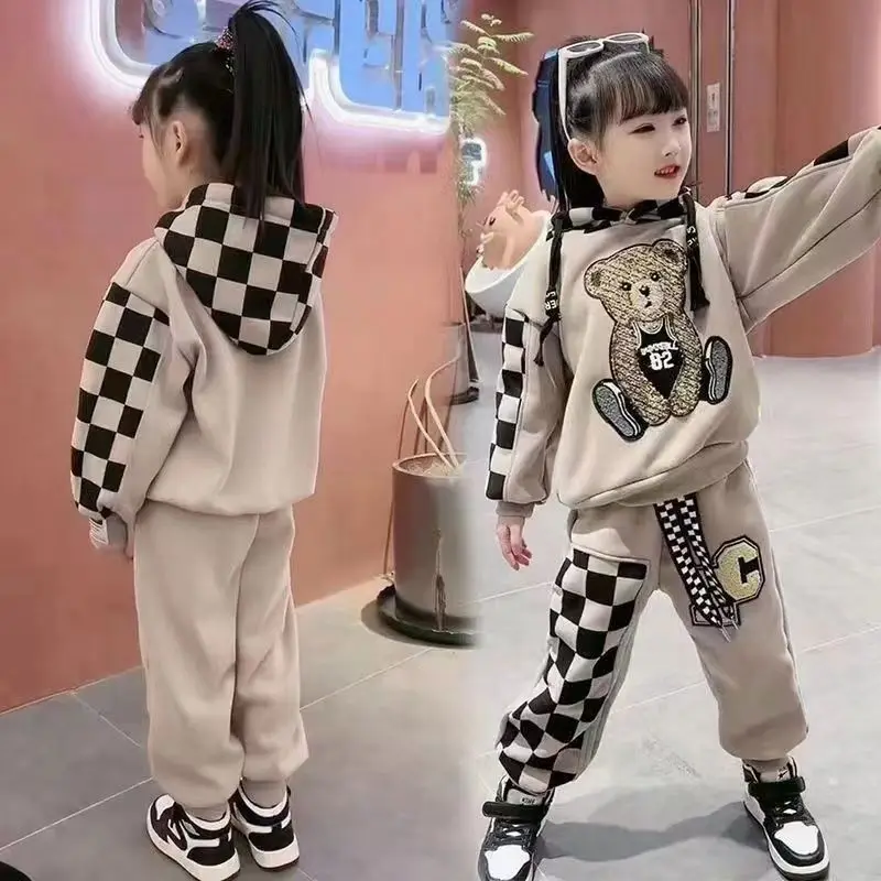  Spring Autumn Girls Clothing Set Cartoon Embroidered Bear Pattern Hoodies Sweatshirt+ Pants 2Pcs Outfit Suit For 2-8 Years Kids 