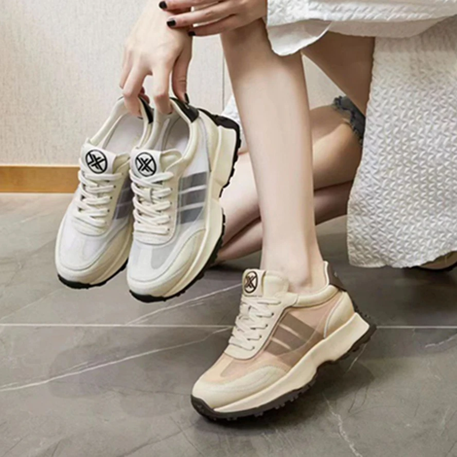 

Withered Ins Blogger Retro Color Contrast Thick Sole Heightening Lightweight Fashion Ladies Leather Mesh Sneakers Women