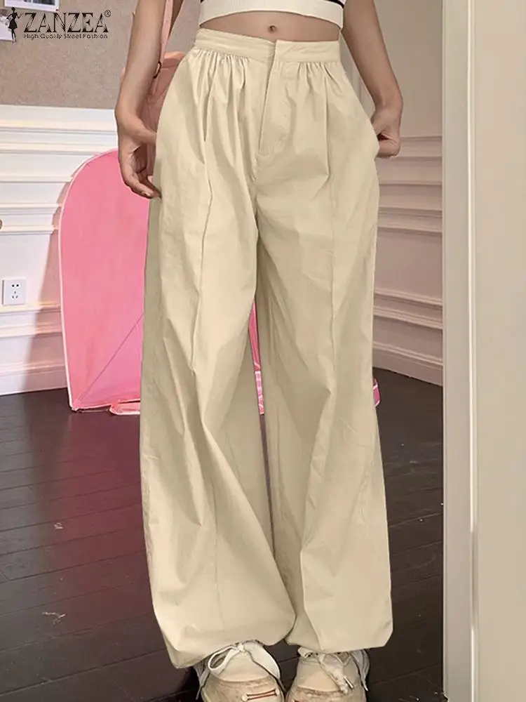 Women Wide Leg Trouser ZANZEA Fashion Elastic Waist Solid Long Pants 2023 Autumn Mid-Waist Pantalon Streetwear Vintage Bottoms