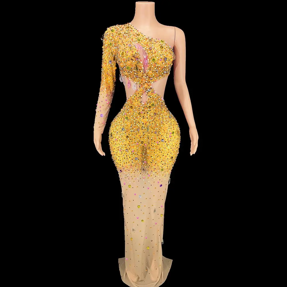 

Sparkly Rhinestones Long Dress Sexy Celebrate Evening Wedding Prom Birthday Dress Mesh Transparent Show Stage Wear Rave Outfit