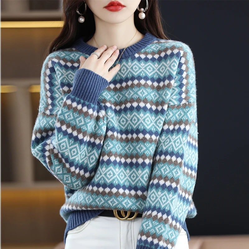 

New Autumn And Winter Wool Sweater Women's Round Neck Jacquard Sweater Pullover Casual Loose National Wind Bottoming Shirt
