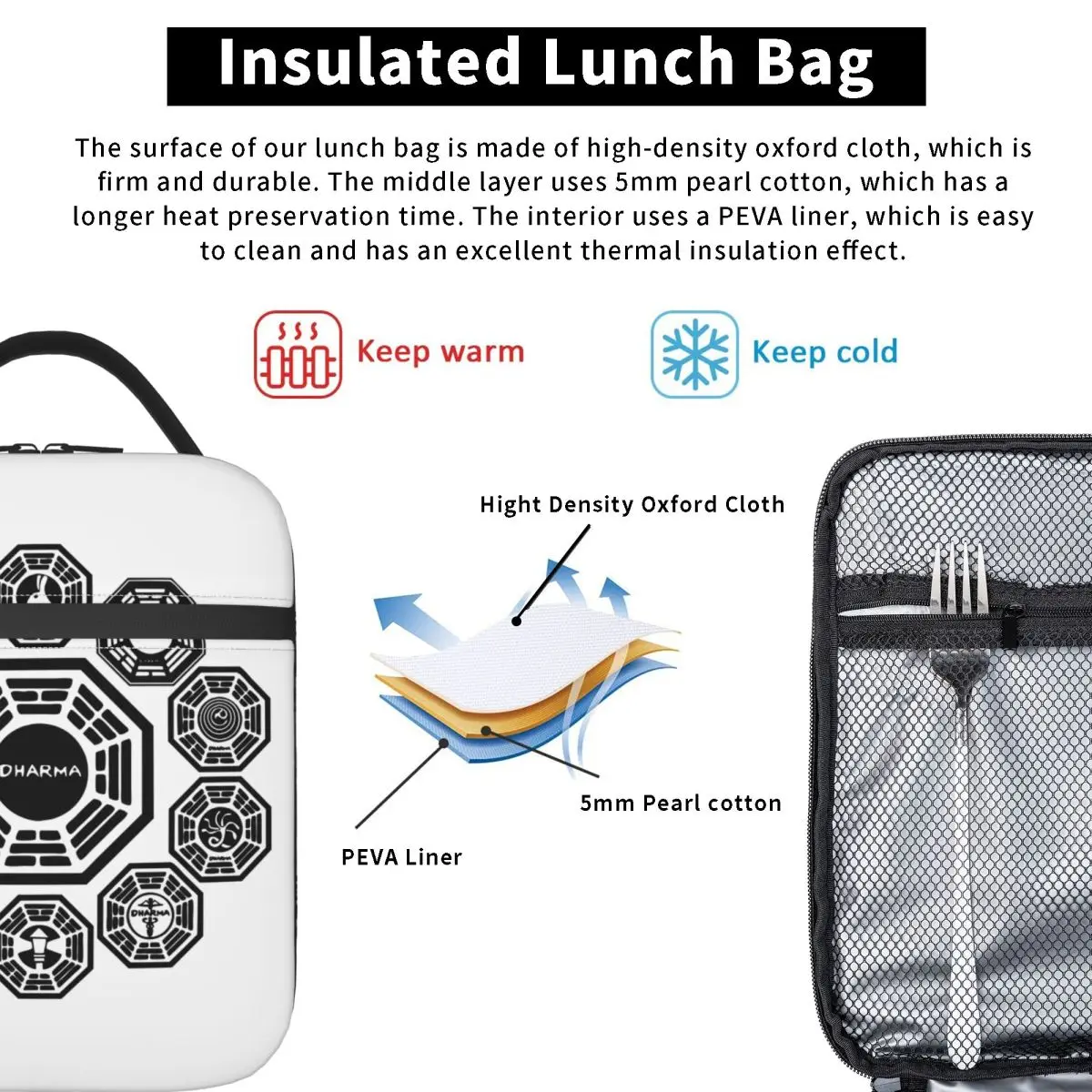 DHARMA Initiative Insulated Lunch Bag Portable 1977 Tv Show Lost Reusable Thermal Bag Tote Lunch Box College Outdoor Bento Pouch
