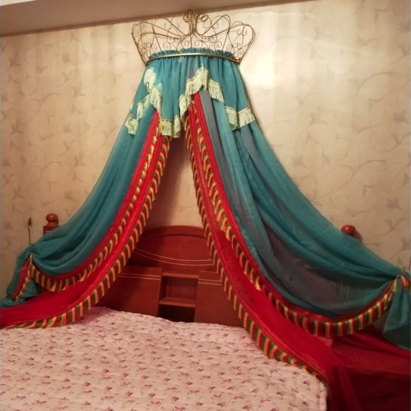 Princess Court Bed Curtain Romantic Chinese Style European Style Bedside Curtain Su Su Trim High-End Lace with Crown Shelf