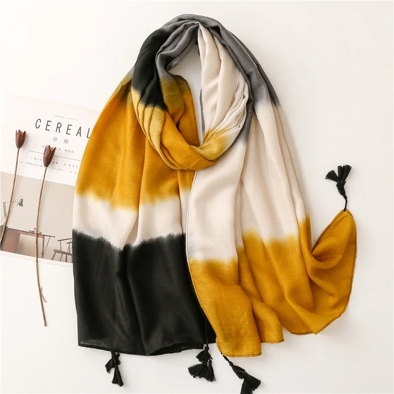 2023 Fashion Ombre Gradient Tassel Viscose Shawl Scarf Lady High Quality Thin Wrap Pashmina Stole Bufandas Mulsim Hijab 180*90Cm