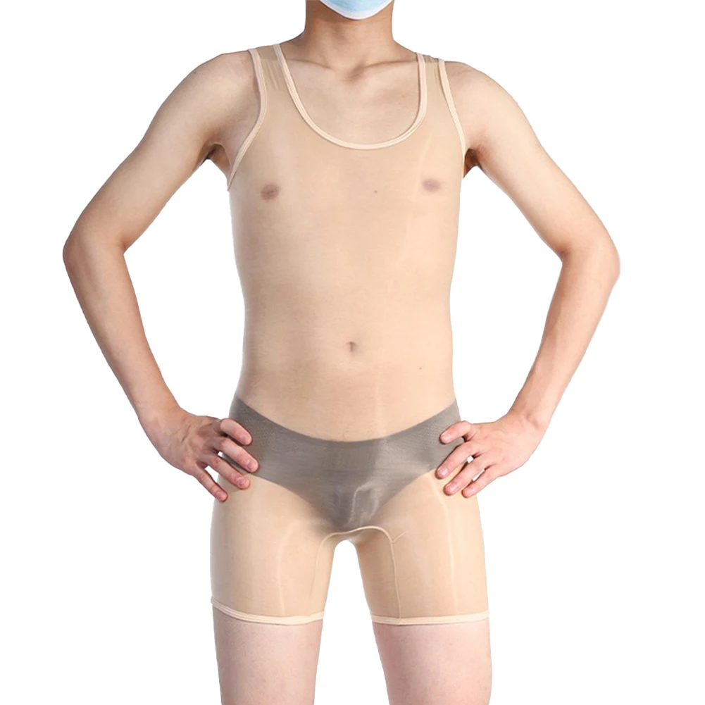 Men's Oil Shiny Seamless Bodysuit Sissy Temptation Lingerie Thin See Through Underwear Sheer Sleeveless High Stretch Jumpsuit