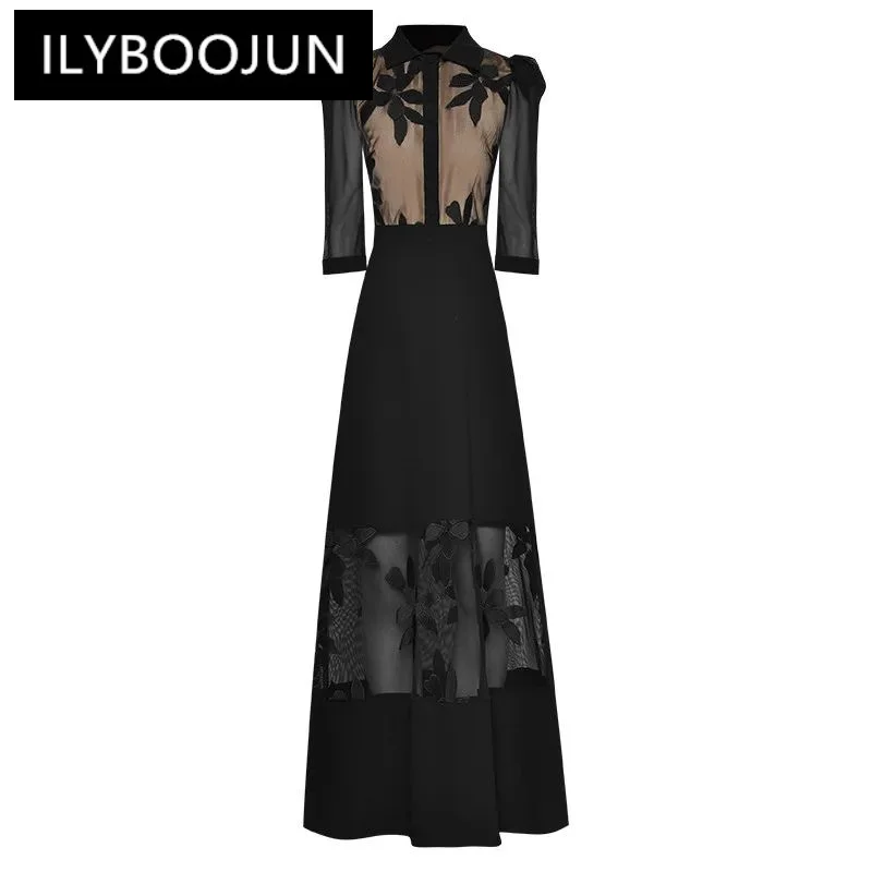 

ILYBOOJUN Summer Fashion Designer Vintage Party Dress Women's Lapel Single Breasted Embroidery Perspective Mesh Black Long Dress