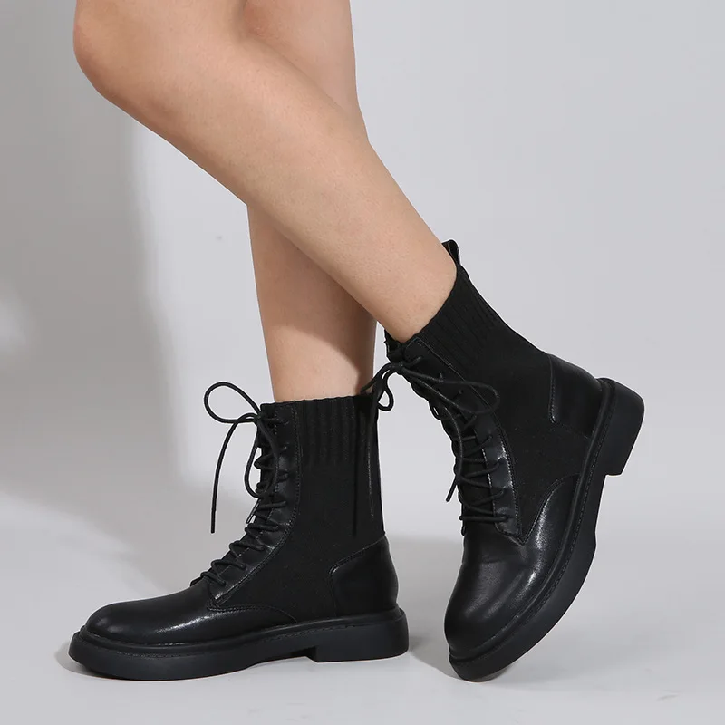 

Women's Mid Calf Boots Shoes Luxury Designer Winter Footwear Boots-Women Round Toe Flat Heel Lace Up Elegant Fashion 2023 Ladie