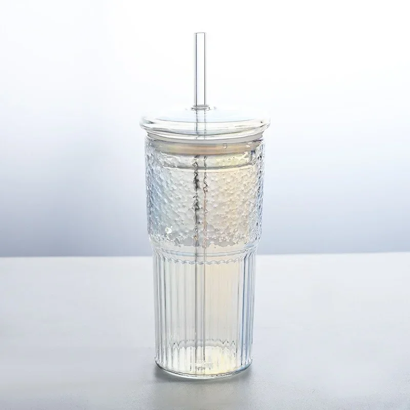 2 Tazze In Vetro A Strisce Da 400 Ml Con Coperchio Ermetico E Cannuccia: Bicchieri Versatili Per Caffè, Latte E Succhi