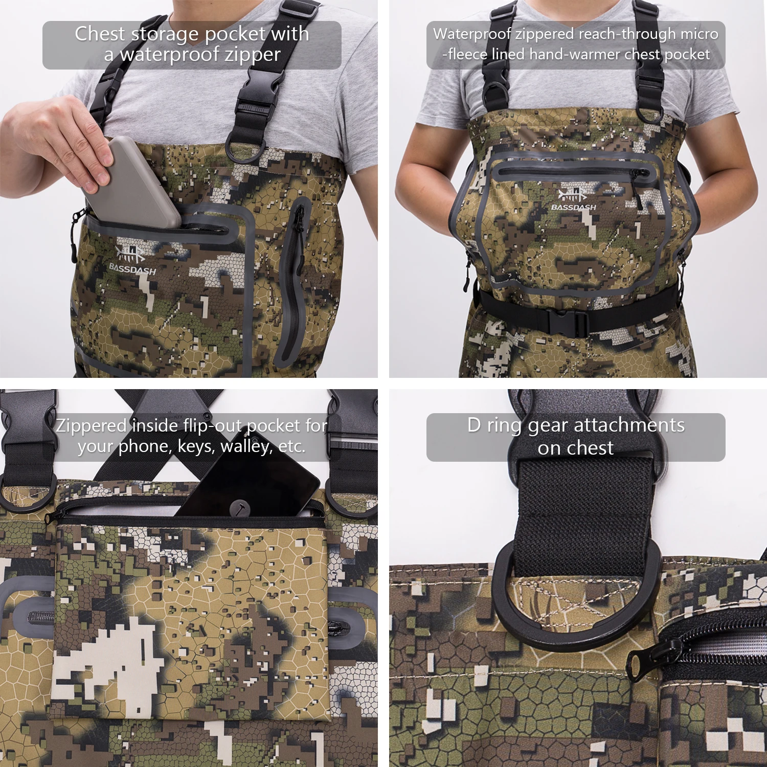 Bassdash  Stocking Foot Fishing Hunting Waders Breathable Ultra Lightweight Veil Camo Chest Stocking in 7 Sizes