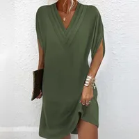 Women Elegant Multi-layered V Neck Pullover Dresses Summer Batwing Half Sleeve Dress New Female Solid Color Commuter Casual Gown