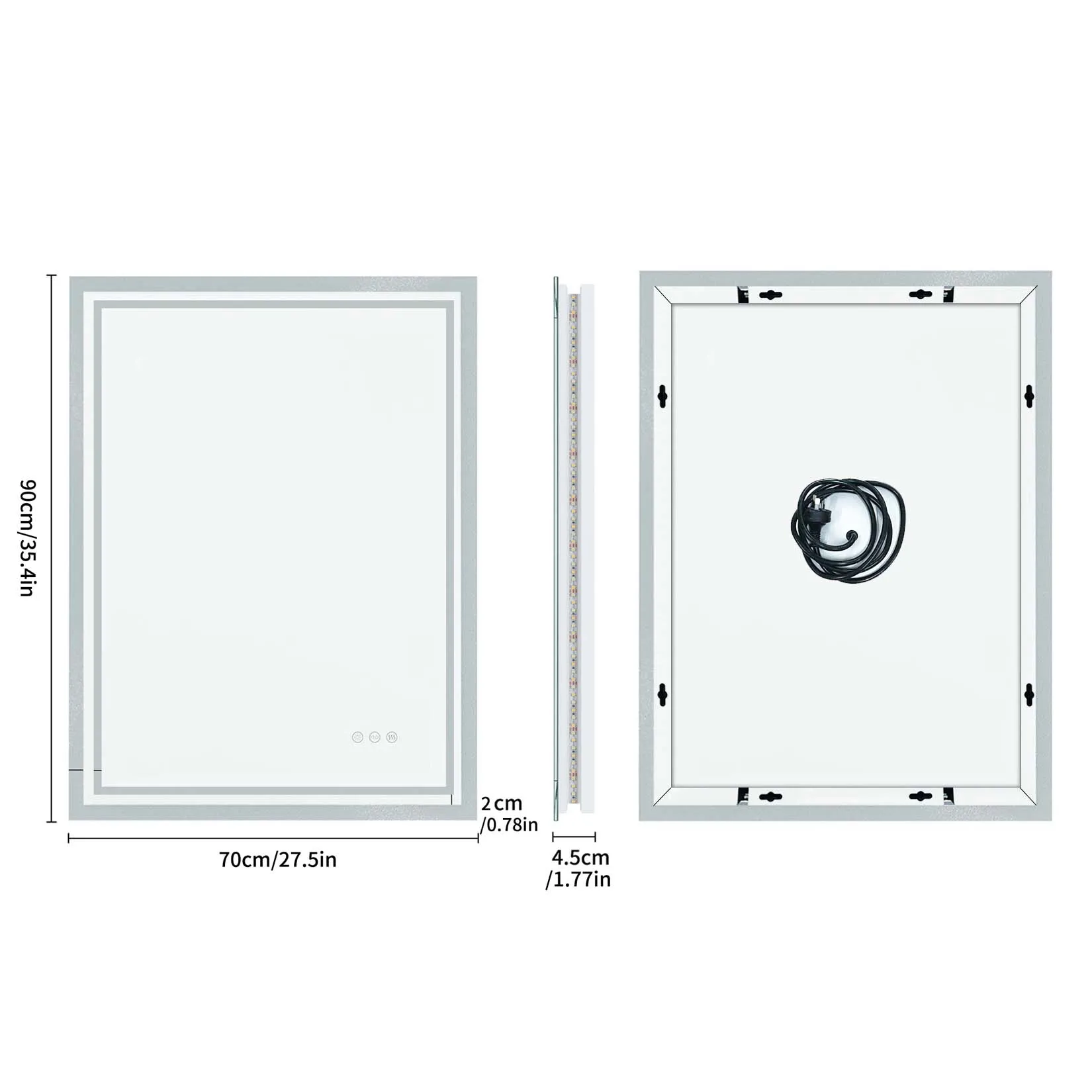LED Light Bathroom Mirror Illuminated Wall Mounted Vanity Makeup Anti-Fog Rectangle 3 Colors Touch Light 4