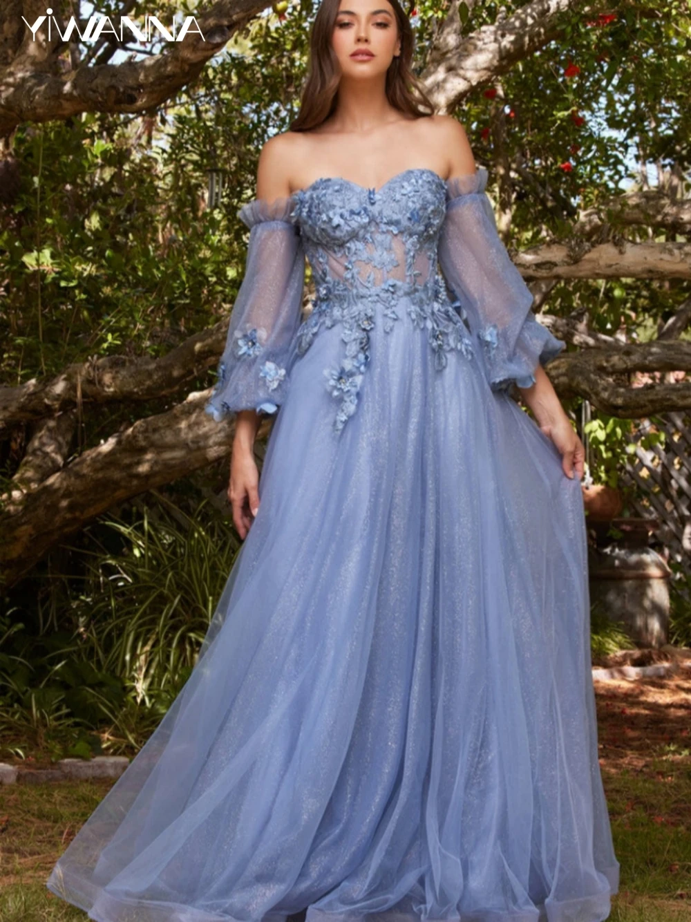 

Graceful Off The Shoulder Evening Dress Classic Appliques 3D Flower Cocktail Gown Blue A-line Prom Dresses Vestidos De Novia