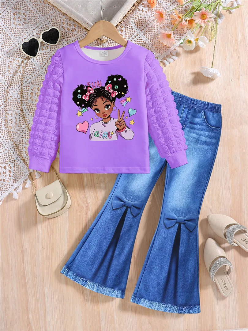 Girls’ Cartoon Top & Slim Pants Set 1