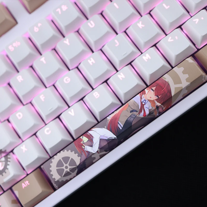 Chaves Conjunto Steins Gate Makise Kurisu Keycap Pbt Tintura Subbed Backlit Keycaps Anime Gaming Key Caps para Ansi 61 87 104 108 108 - Imagem 2