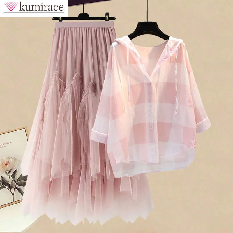 Elegant Women's Dress Set Outfits 2023 Summer New Check Panel Sunscreen Chiffon Shirt Tulle Pleated Half Skirt Two Piece