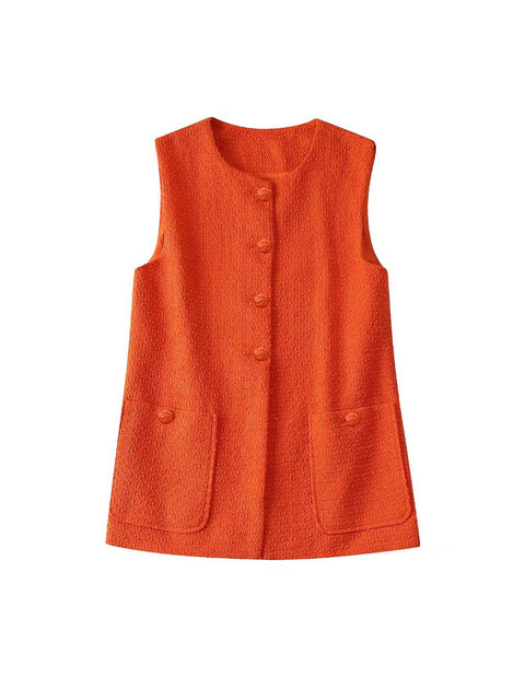 2022 Summer New Fashion Pocket Accessories Tweed Tank Top Vintage Sleeveless Female Waistcoat Chic Tops